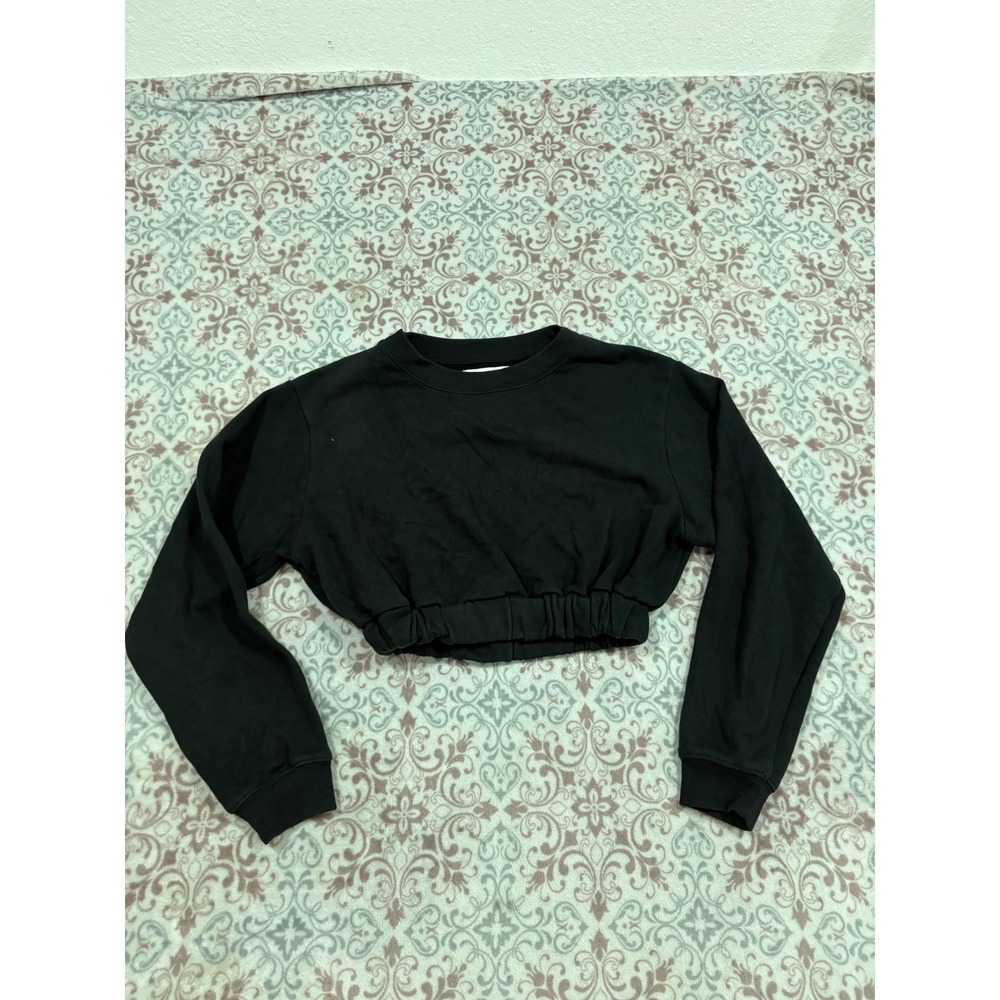 Oak + Fort Black Cropped Cinched Hem Crewneck Sweatshirt Womens XS Long Sleeve